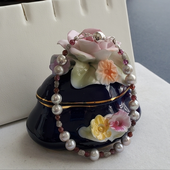 Raw Diamond, Red Sapphire, and Pearl Sterling Bracelet - Picture 10 of 16